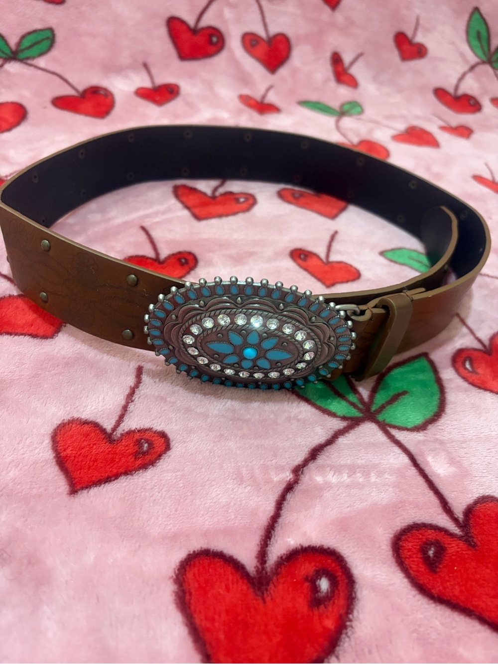 Women's Brown Leather Blue Silver Medallion Buckle Belt Size 1